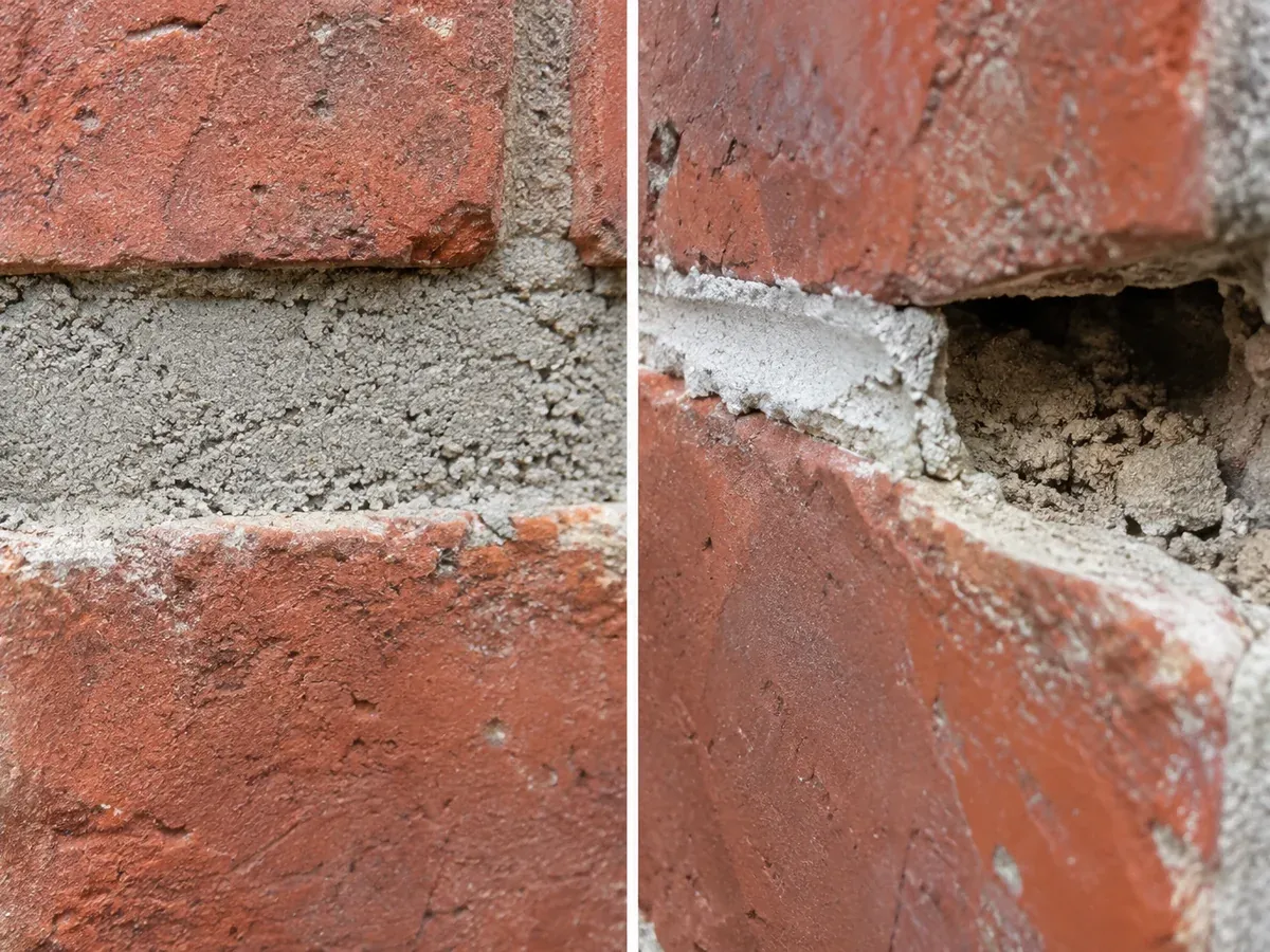 Correct and incomplete masonry repair details shown for comparison