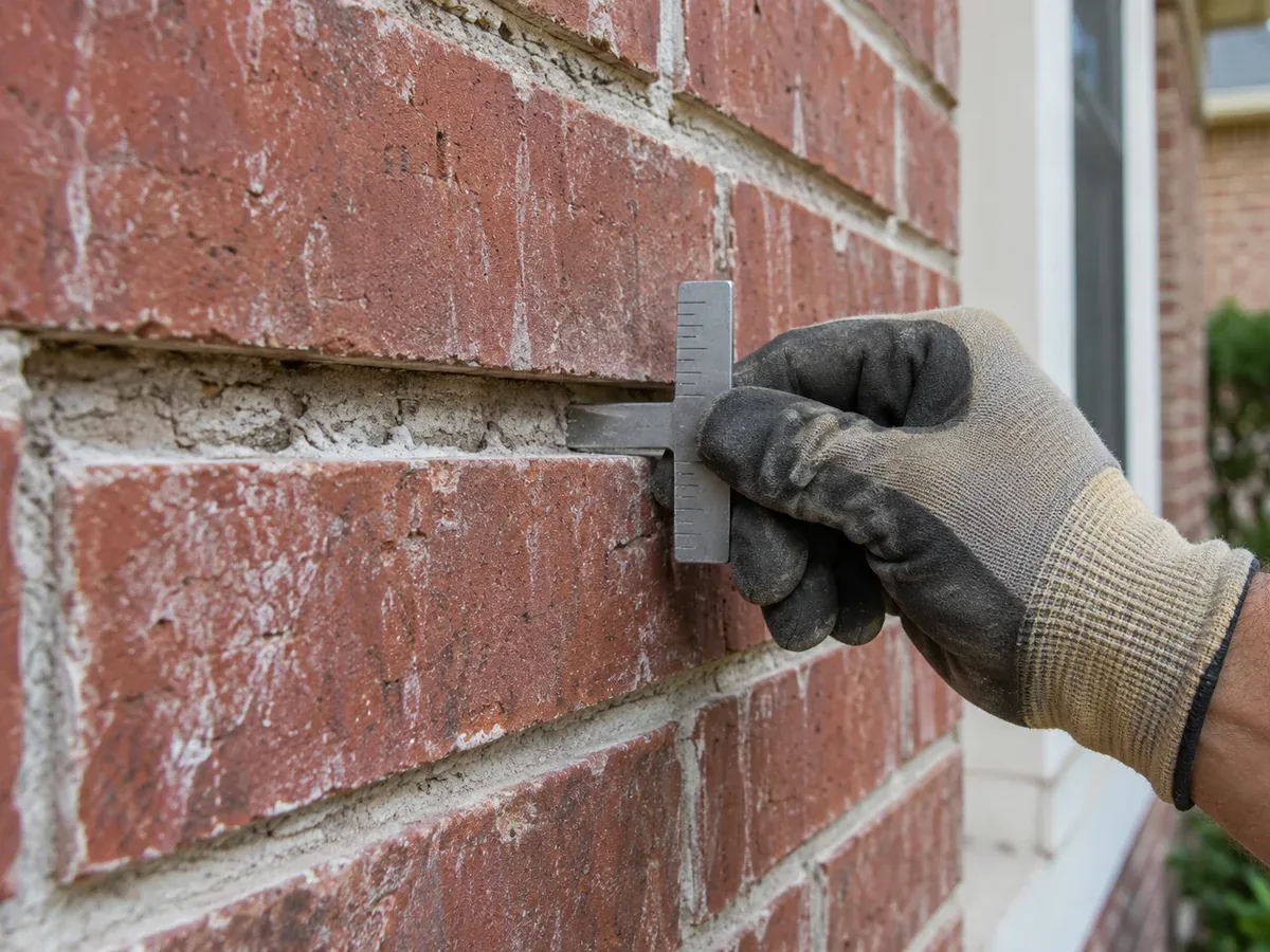 Mason checking the depth of a cleaned mortar joint before repointing