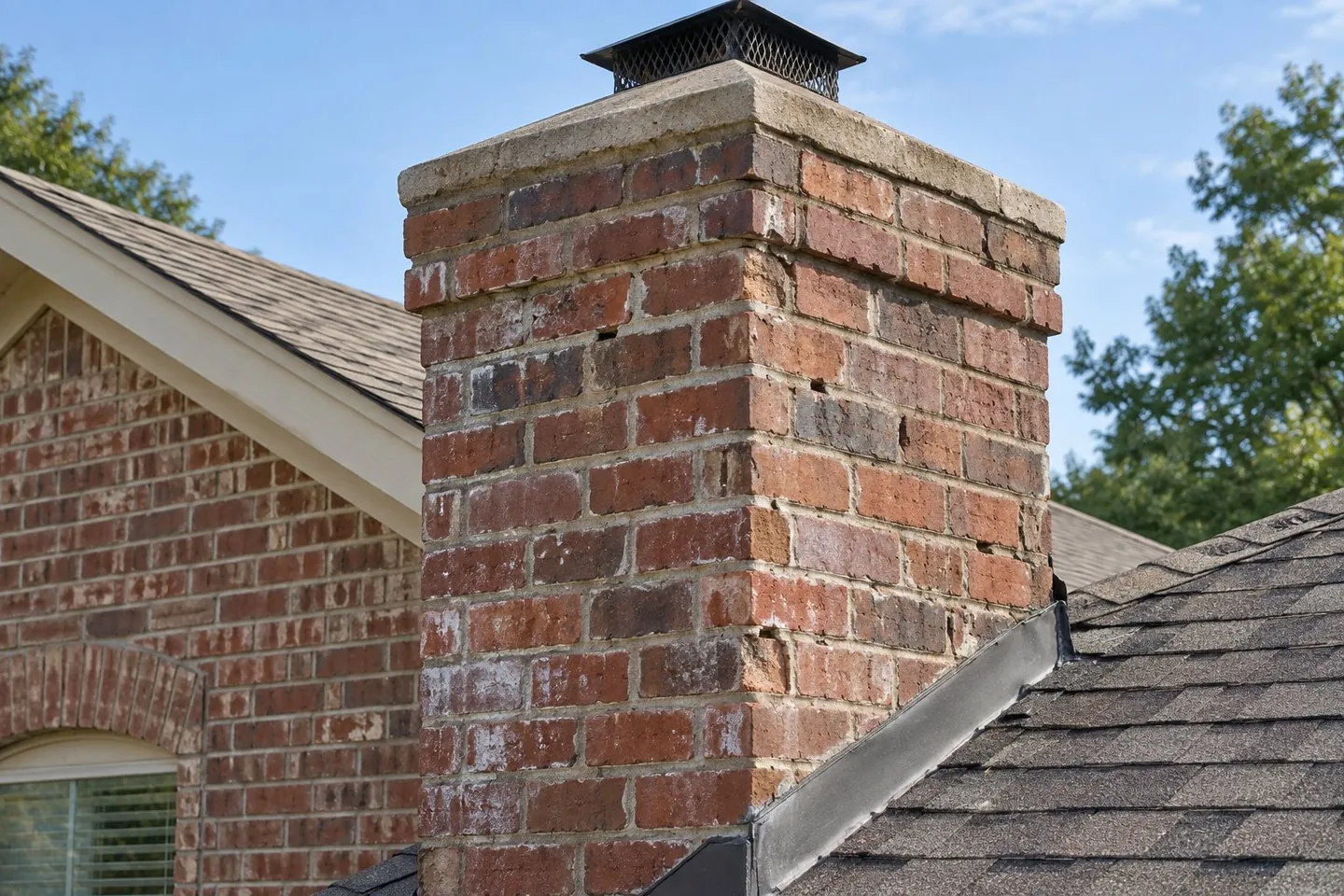 Spalled and weathered brick faces on exterior masonry