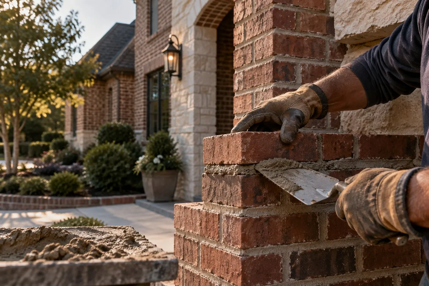 Mason setting fired-clay brick into fresh mortar on a residential exterior