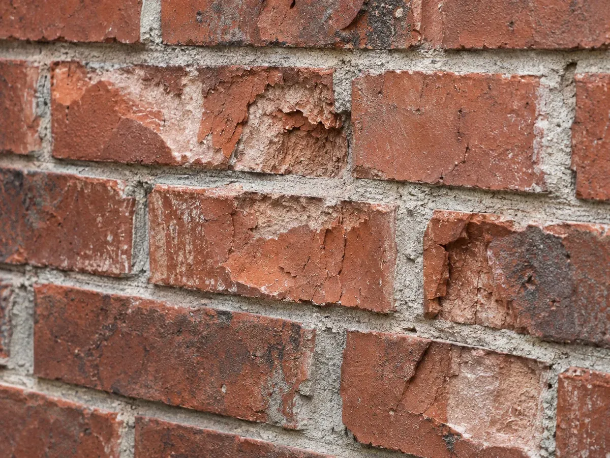 Several red brick faces flaking and breaking away on an exterior wall