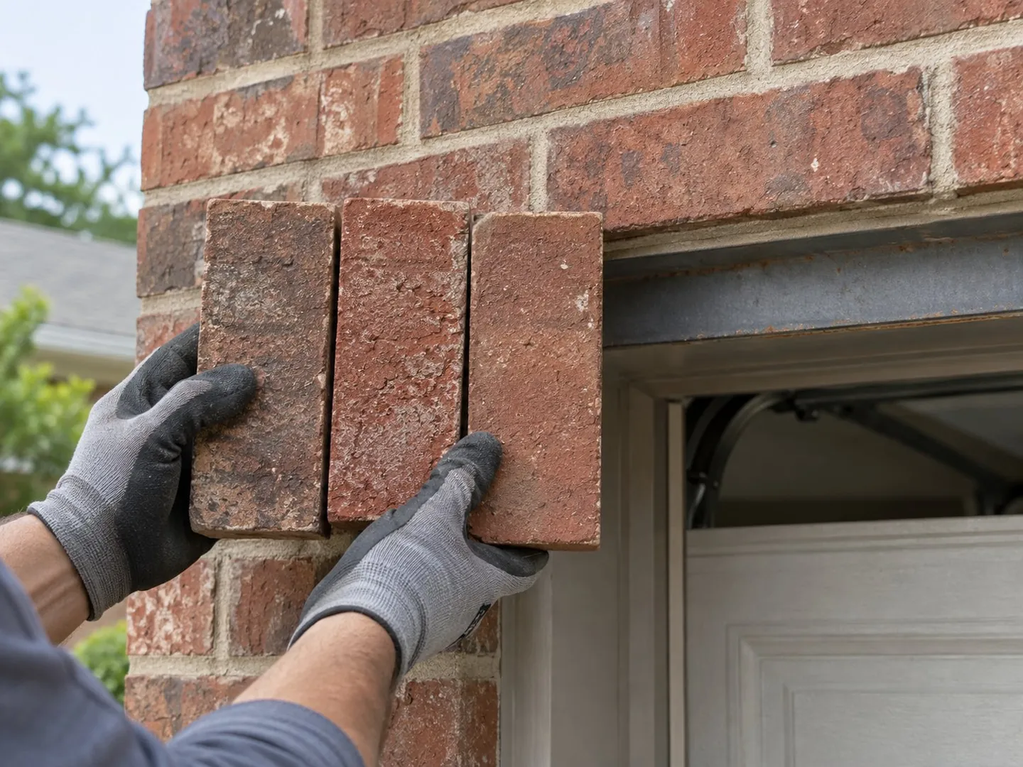 Mason comparing replacement bricks beside an existing wall opening