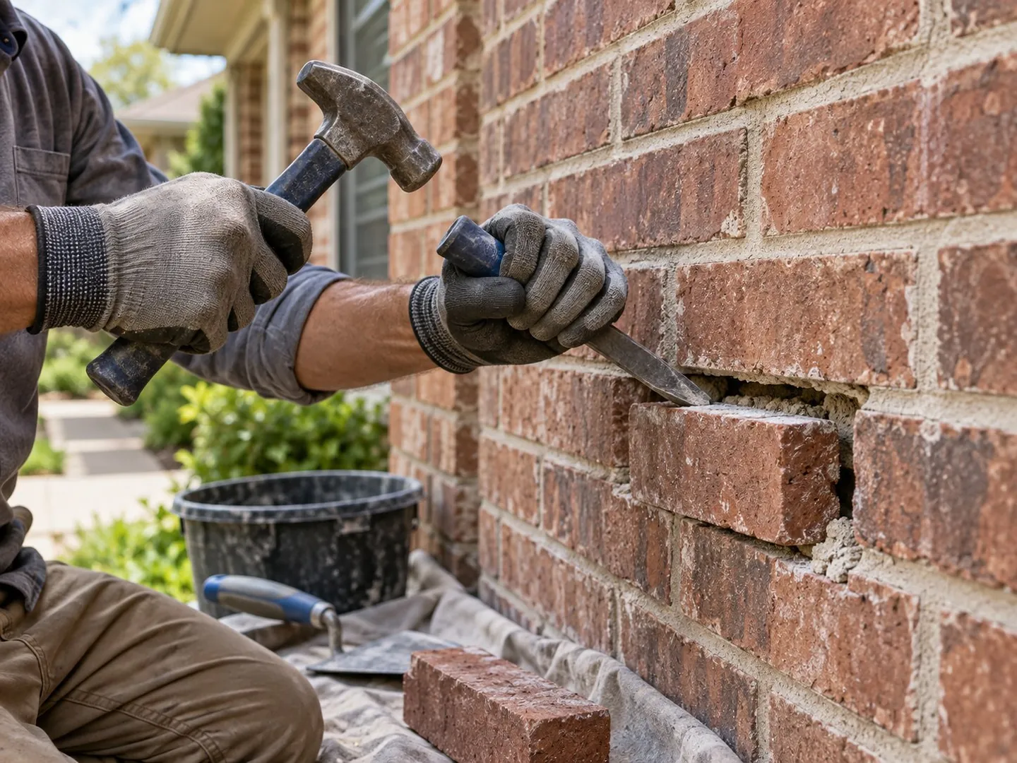 Mason carefully removing a damaged brick from a North Texas house wall