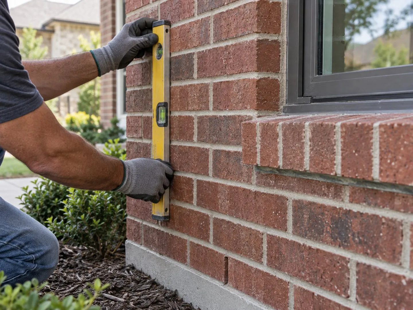 Mason checking a brick veneer wall with a level on a North Texas jobsite
