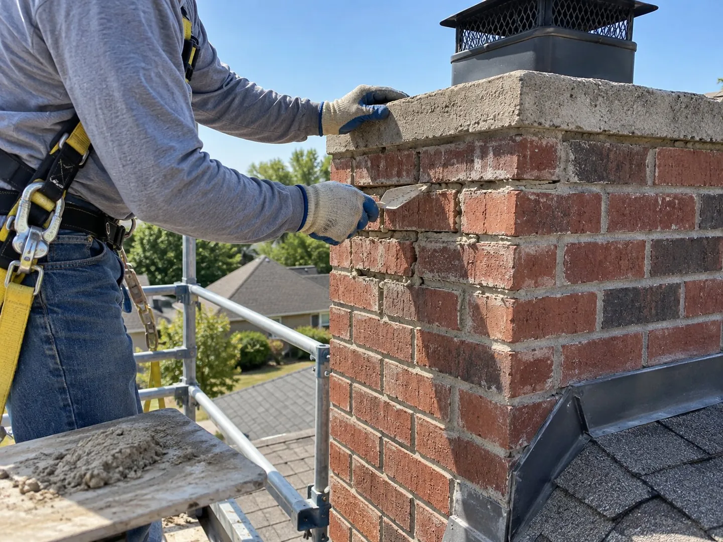 Mason repairing brick and mortar on a residential chimney