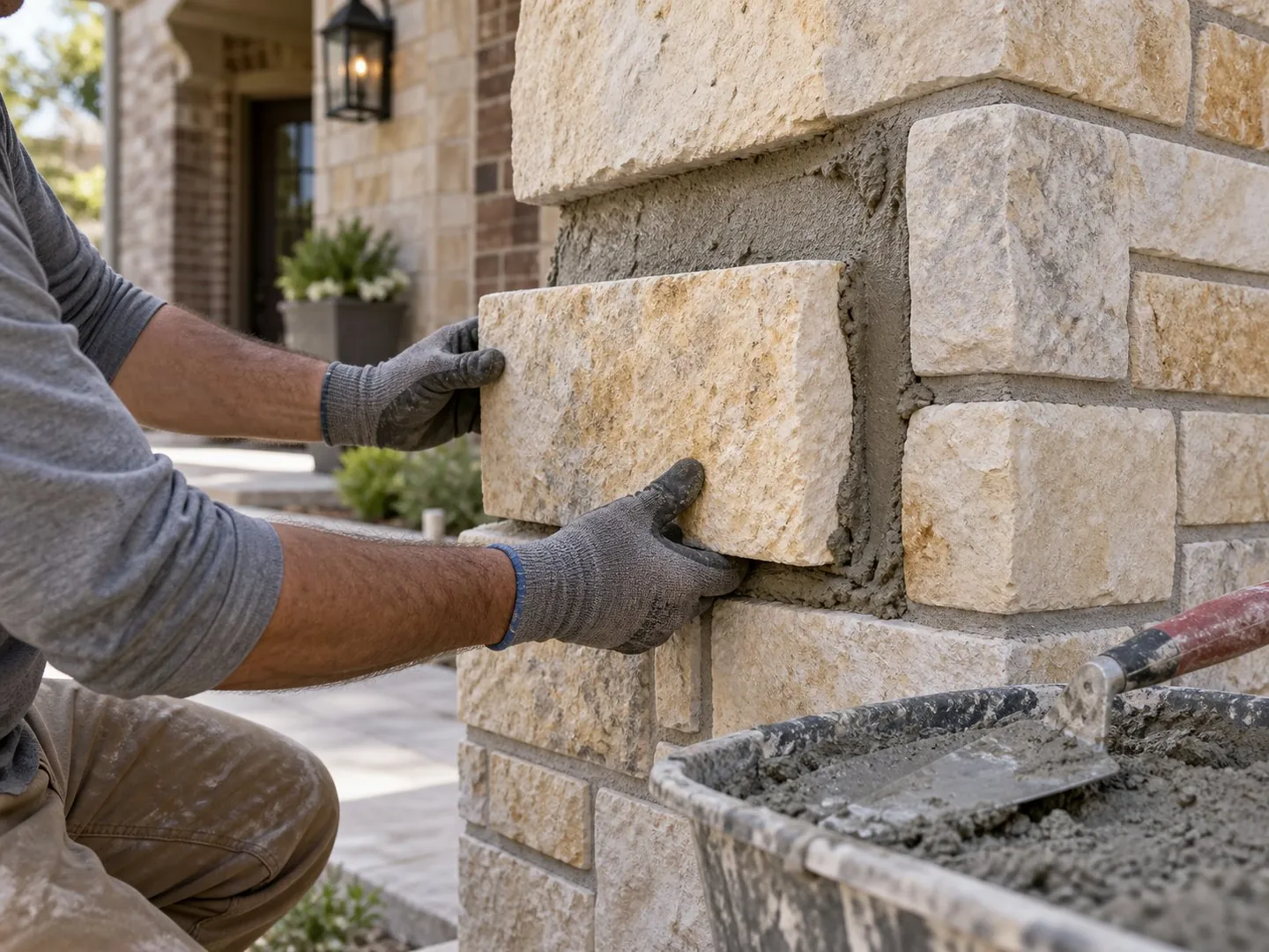 Mason setting natural limestone veneer on a North Texas exterior