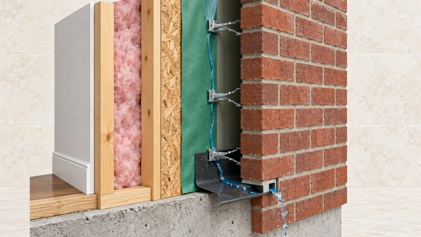 Realistic cutaway of a brick veneer wall showing studs, sheathing, water barrier, air space, wall ties, flashing and a weep opening